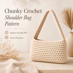 Könnte beinhalten: Eine cremefarbene, grob gehäkelte Schultertasche mit einem einzelnen Trageriemen. Der Text lautet: Chunky Crochet Shoulder Bag Pattern, Beginner-Friendly PDF und Instant Download. Die Tasche hat ein dichtes, strukturiertes Maschenbild.