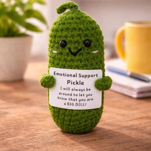 Op de afbeelding: Een handgemaakte, groene gehaakte augurk met zwarte knoopogen en een lachend gezicht. Het houdt een wit bord vast met de tekst "Emotional Support Pickle" en een ondersteunende boodschap. De augurk staat op een houten oppervlak.