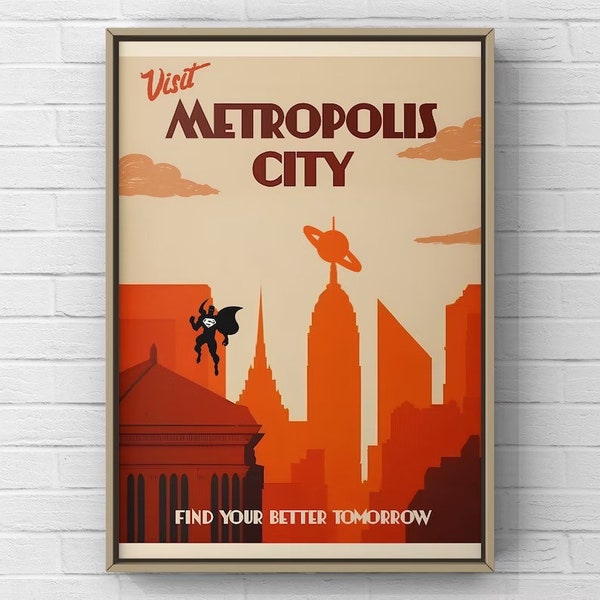 Man of Steel Visit Metropolis City Travel Poster | DC Comics | Vintage Superhero Poster | Art deco Print | Movie poster