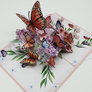 Pop Up Karte Schmetterlinge und Blumen - 3D Geburtstagskarte von PapierParadies. 3D Blumenkarte zum Muttertag, Gute Besserung