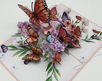 Carte Pop Up Papillons et Fleurs - Carte d'anniversaire 3D par PapierParadies. Carte de fleurs 3D pour la fête des mères, bon rétablissement