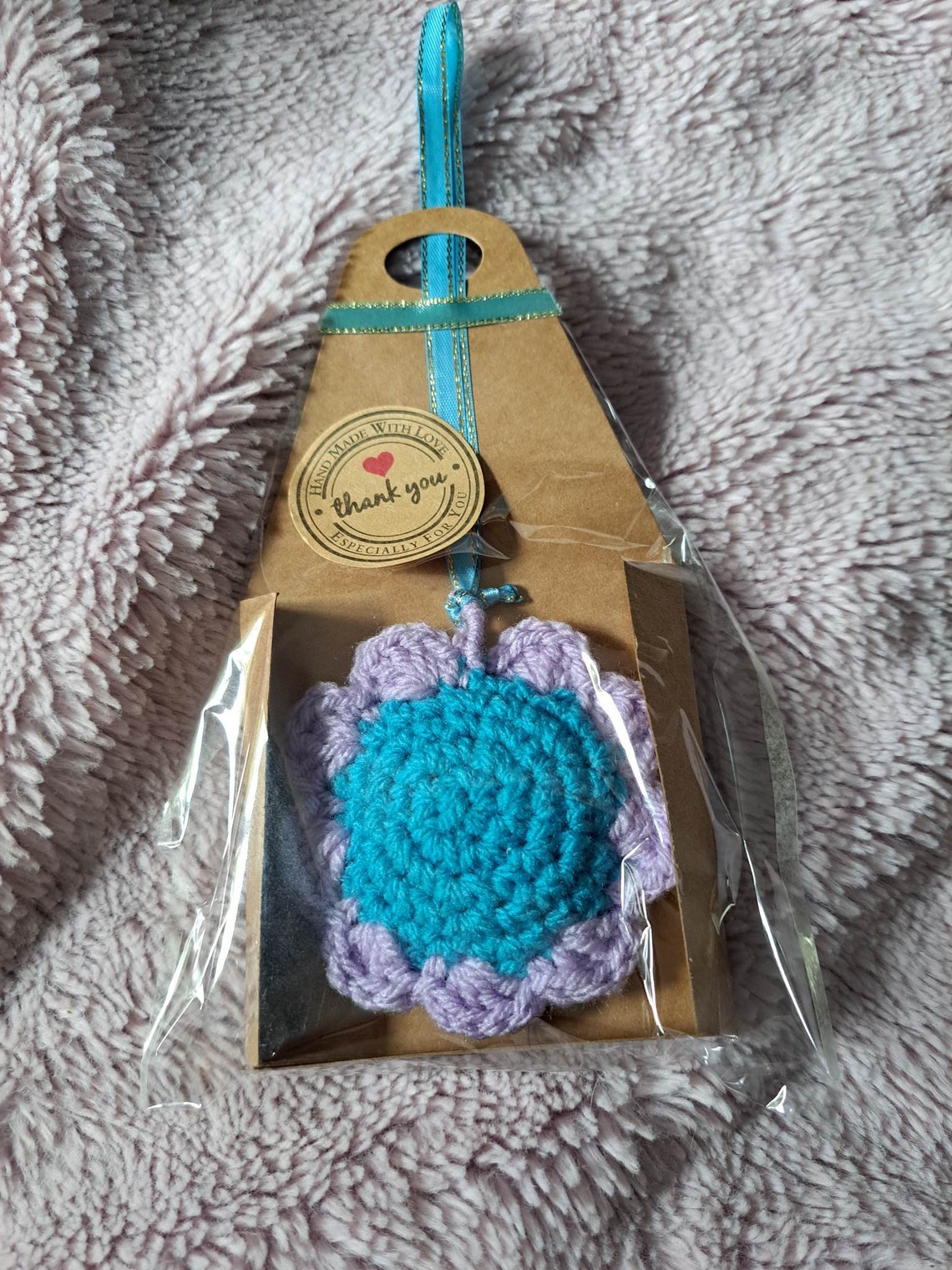 Scented Car Rear View Mirror Hanger, Crochet Flowers and Smiley Faces