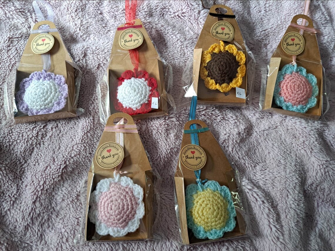 Scented Car Rear View Mirror Hanger, Crochet Flowers and Smiley Faces