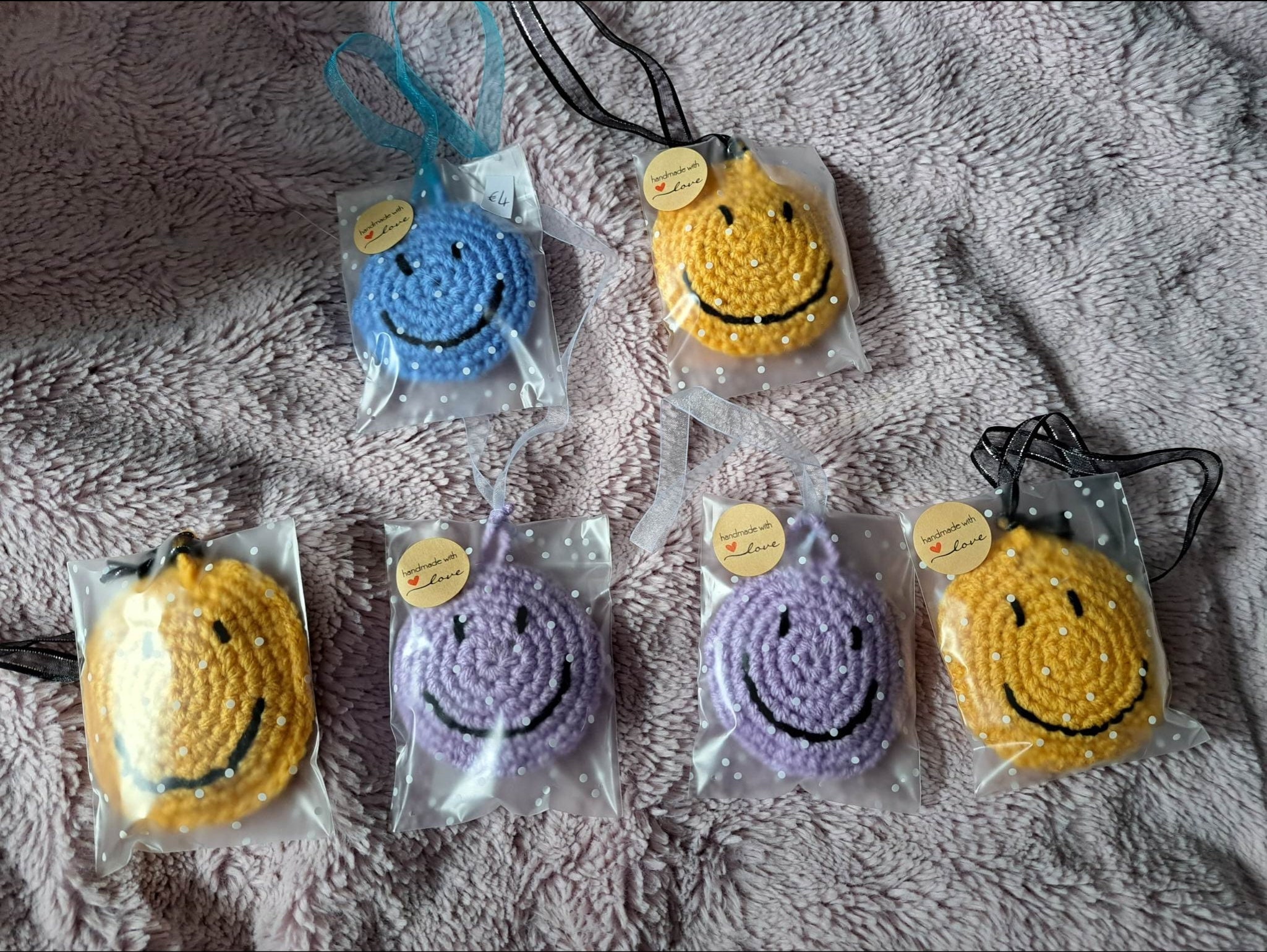 Scented Car Rear View Mirror Hanger, Crochet Flowers and Smiley Faces