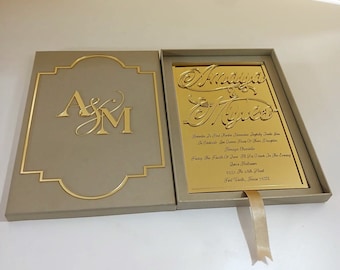 Acrylic Invitation Card Cream Gold Box