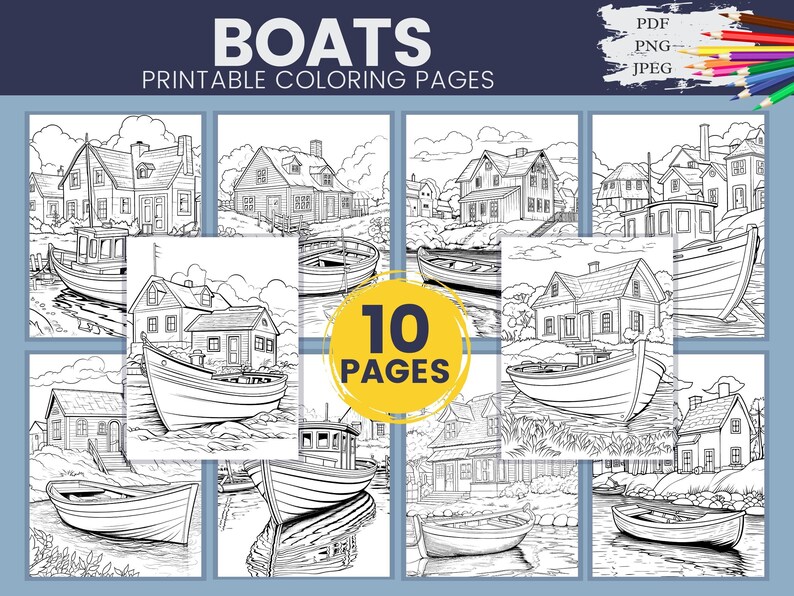 Boats Coloring Pages, 10 Printable Pages, PDF, JPEG, PNG, Nautical Sea ...