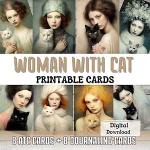 Donna con gatto Carte di giornale spazzatura stampabili Creazione di carte ATC Ritratto di donna Gatto Scrapbook Carta Ephemera Carta stampabile Forniture per diario spazzatura
