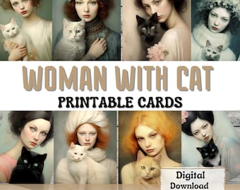 Woman with Cat Printable Junk Journal Cards ATC Card Making Woman Portrait Cat Scrapbook Paper Ephemera Printable Card Junk Journal Supplies