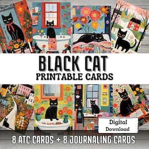 Cartes imprimables de journal indésirable chat noir fabrication de cartes ATC artisanat Art folklorique coloré éphémères de chat cartes imprimables colorées fournitures de journal indésirable