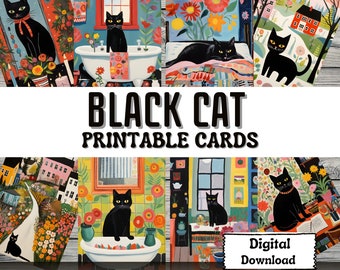 Black Cat Printable Junk Journal Cards ATC Card Making Crafting Colorful Folk Art Cat Ephemera Colorful Printable Card Junk Journal Supplies