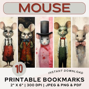 Mouse Bookmark Printable Bookmarks Whimsical Animal Bookmark PNG PDF JPG Watercolor Abstract Bookmark Set Book Lover Gift Digital Download