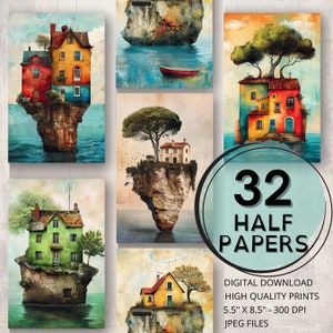 Whimsical Island Houses Journal Half Papers Página imprimible Scrapbooking Ephemera Collage Card Making Whimsical Houses Junk Journal Supplies