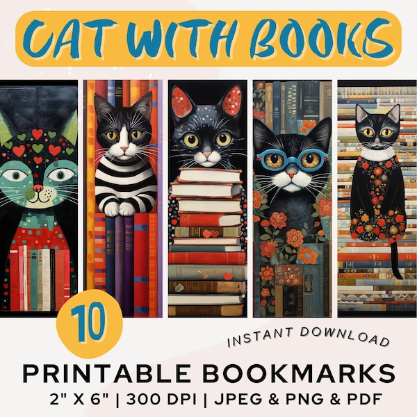 Cat with Books Bookmark Printable Bookmarks Funny Cat Bookmark Book Digital Download PNG PDF JPG Bookmark Set Book Cat Lover Bookmark Gift