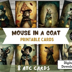 Cartes ATC imprimables Souris dans un manteau, TÉLÉCHARGEMENT IMMÉDIAT, Fournitures pour journaux indésirables, Scrapbooking, Collage, Éphémères, Cartes 2,5 x 3,5 pouces