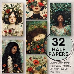 Dreamy Floral Garden Journal Half Papers Printable Pages Scrapbooking Ephemera Surreal Art Woman Collage Card Making Junk Journal Supplies