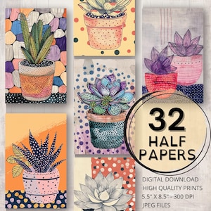Cactus & Succulent Journal Half Papers Printable Page Scrapbooking Quirky Plant Ephemera Art Collage Card Making Botanical Journal Supplies