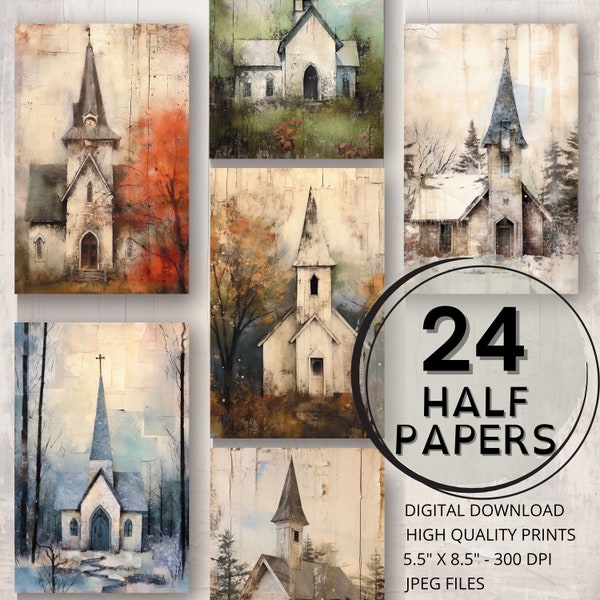 Rustic Chapel Half Papers Printable Page Digital Ephemera Scrapbooking Collage Art Card Making Craft Paper Decoupage Church Journal Supplies