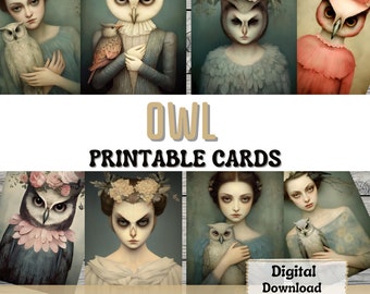 Owl Printable Junk Journal Cards ATC Card Making Surreal Portrait Fantasy Owl Ephemera Scrapbooking Printable Cards Junk Journal Supplies