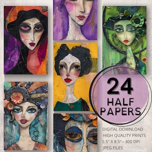Peculiar mujer pintura diario medio papeles página imprimible cara femenina arte efímera chatarra collage tarjeta haciendo medios mixtos suministro de diario basura