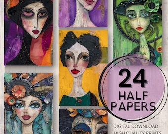 Quirky Woman Painting Journal Half Papers Printable Page Female Face Art Ephemera Scrap Collage Card Making Mixed Media Junk Journal Supply
