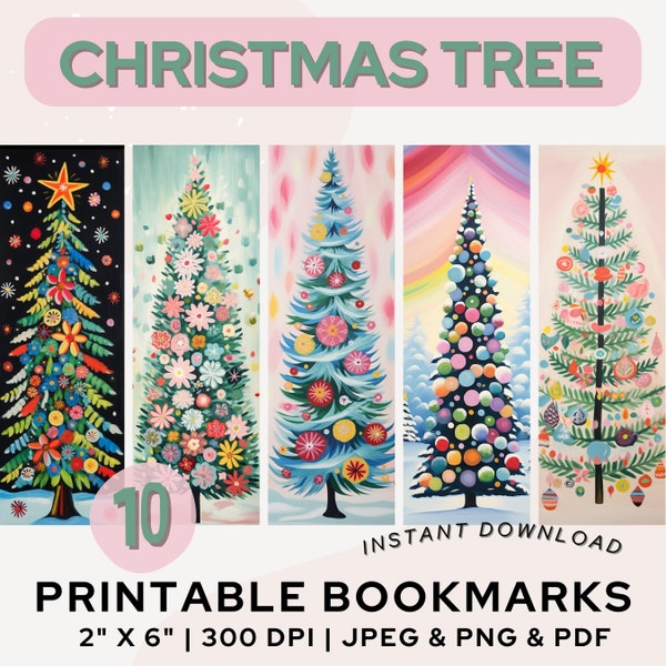 Colorful Christmas Tree Bookmark Printable Bookmark Winter Holiday Bookmark PNG PDF JPG Bookmark Set Print & Cut Book Lover Gift Digital