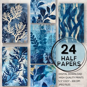 Dusty Blue Seaweed Journal Half Papers Sea Imprimible Páginas Digital Ephemera Scrapbooking Collage Art Card Making Ocean Junk Journal Supplies