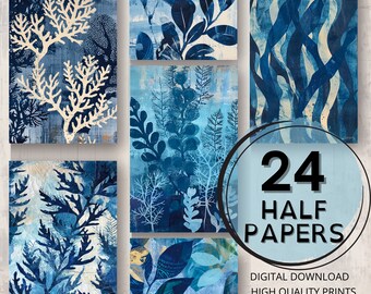 Dusty Blue Seaweed Journal Half Papers Sea Printable Pages Digital Ephemera Scrapbooking Collage Art Card Making Ocean Junk Journal Supplies