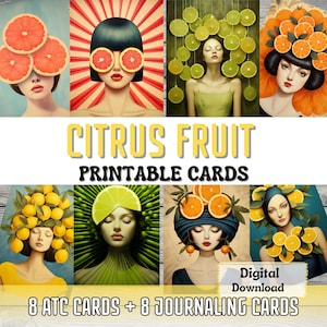 Afdrukbare kaarten citrusvruchten ATC-kaarten maken surrealistische kunst vrouw portret kortstondige plakboek grapefruit citroen sinaasappel ongewenste tijdschriftbenodigdheden