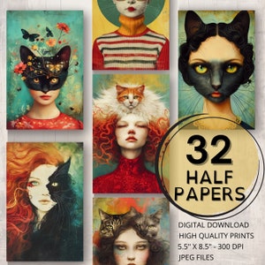 Journal femme chat fou demi-papiers chat Page imprimable Art surréaliste Portrait de femme éphémères Scrapbooking Collage fabrication de cartes Journal indésirable chat