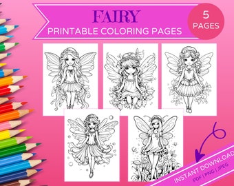 Fairy Coloring Pages, 5 Printable Coloring Pages for Kids, Teens & Adults, Fantasy Forest Fairies, PDF, JPEG, PNG, Instant Download