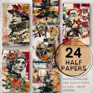 Vintage Christmas Collage Journal Half Papers Printable Pages Digital Ephemera Scrapbooking Scrap Collage Card Making Junk Journal Supplies