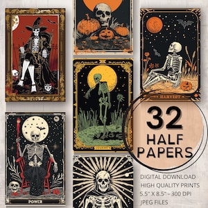 Halloween Skeleton Journal Half Papers Páginas imprimibles Tarot Card Style Ephemera Scrapbooking Card Making Skeleton Junk Journal Supplies