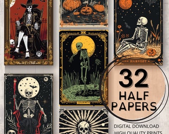 Halloween Skeleton Journal Half Papers Páginas imprimibles Tarot Card Style Ephemera Scrapbooking Card Making Skeleton Junk Journal Supplies