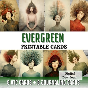Cartes imprimables pour journal indésirable à feuilles persistantes fabrication de cartes ATC Art surréaliste portrait forêt arbre éphémères cartes imprimables fournitures pour journal indésirable art