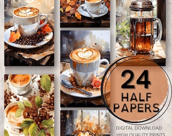May include: A set of 24 digital printable papers featuring watercolor illustrations of coffee and tea. The papers are 5.5 inches by 8.5 inches and 300 DPI.
