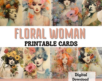 Floral Woman Printable Junk Journal Cards ATC Card Making Flower Collage Art Floral Portrait Ephemera Printable Cards Junk Journal Supplies