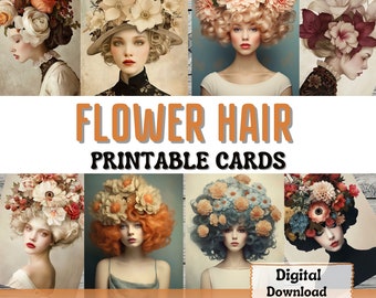 Flower Hair Printable Junk Journal Cards ATC Card Making Surreal Art Floral Woman Portrait Ephemera Printable Cards Junk Journal Supplies
