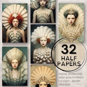 Zeeschelpen dagboek halve papieren afdrukbare pagina's surrealistische kunst vrouw portret oceaan ephemera kunst scrapbooking kaarten maken ongewenste tijdschrift benodigdheden