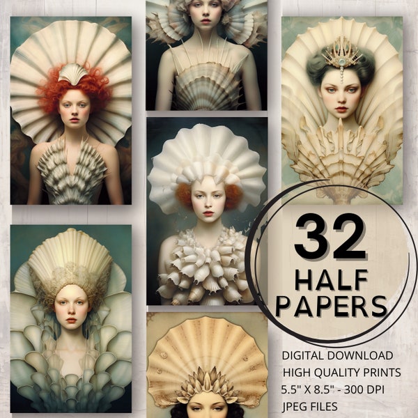 Sea Shells Journal Half Papers Printable Pages Surreal Art Woman Portrait Ocean Ephemera Art Scrapbooking Card Making Junk Journal Supplies