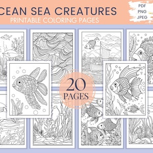 May include: A set of 20 printable coloring pages featuring ocean sea creatures. The pages include a variety of sea creatures, such as fish, dolphins, and sea turtles. The pages are perfect for kids of all ages who love to color.