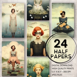 Surreal Lake Journal Half Papers Printable Pages Surreal Art Woman Portraits Ephemera Scrapbooking Collage Card Making Junk Journal Supplies