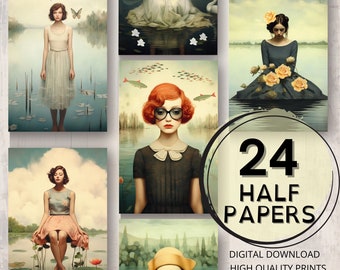 Könnte beinhalten: Ein Set mit 24 digitalen, druckbaren Halbpapieren mit Illustrationen von Frauen in verschiedenen Umgebungen. Die Illustrationen sind im Vintage-Stil gehalten und zeichnen sich durch sanfte Farben und zarte Details aus. Der Text "24 Half Papers" wird in einer großen, fetten Schrift dargestellt.