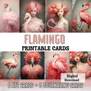 Flamingo impressão lixo cartões de diário atc cartão fazendo surreal mulher arte tropical pássaro efêmera scrapbooking cartões imprimíveis suprimentos de diário