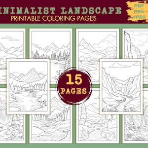Páginas para colorear de paisajes minimalistas, 15 páginas para colorear imprimibles, PDF, JPEG, PNG, Arte minimalista, Ríos de montaña, Descarga instantánea