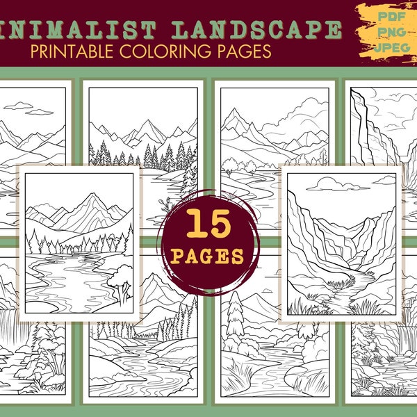 Minimalist Landscape Coloring Pages, 15 Printable Coloring Pages, PDF, JPEG, PNG, Minimalist Art, Mountain Rivers, Instant Download