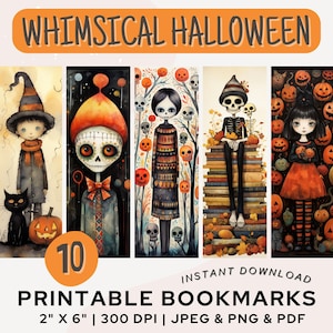 Whimsical Halloween Printable Bookmarks Cute Halloween Digital Download Watercolor Bookmarks PNG PDF JPG Bookmark Set Book Lover Gift