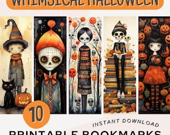 Whimsical Halloween Printable Bookmarks Cute Halloween Digital Download Watercolor Bookmarks PNG PDF JPG Bookmark Set Book Lover Gift