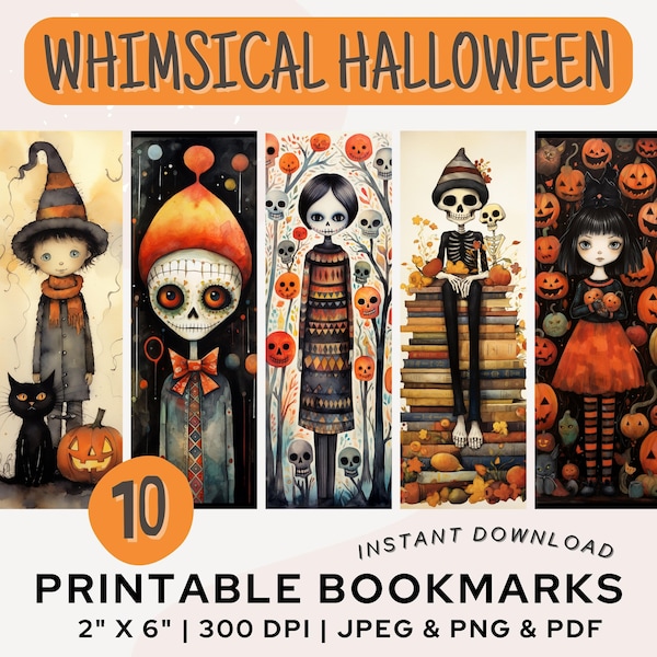 Whimsical Halloween Printable Bookmarks Cute Halloween Digital Download Watercolor Bookmarks PNG PDF JPG Bookmark Set Book Lover Gift