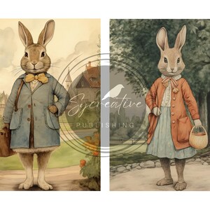 May include: Two illustrations of rabbits dressed in clothing. The rabbit on the left is wearing a blue coat, a yellow bow tie, and carrying a brown briefcase. The rabbit on the right is wearing a red coat, a white dress, and carrying a wicker basket.