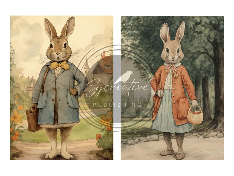May include: Two illustrations of rabbits dressed in clothing. The rabbit on the left is wearing a blue coat, a yellow bow tie, and carrying a brown briefcase. The rabbit on the right is wearing a red coat, a white dress, and carrying a wicker basket.